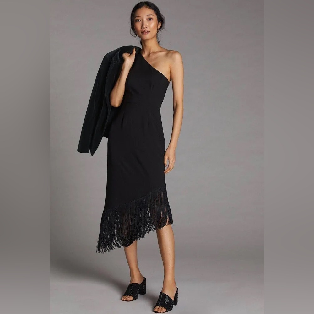 Anthropologie x Hutch Dress One-Shoulder Fringe Hem Asymmetric Mid in Black
